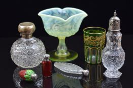 Seven pieces of decorative glassware and ceramics comprising a St Louis flash overlaid beaker with
