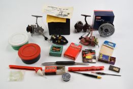 Intrepid De Luxe fixed spool reel and probably unused Rimfly reel, both boxed, Truspin reel, other