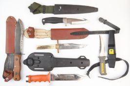Five hunting / diver's knives including J Nowill & Sons Bowie knife with 15cm blade and sheath,