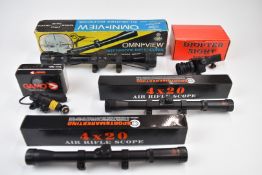 Five air rifle or similar scopes comprising two SMK 4x20, Diopter Sight Set, Gamo Red Dot Laser