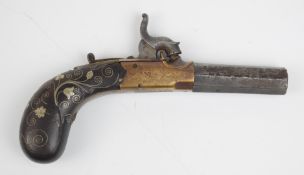 Percussion hammer action pocket pistol with engraved brass action, engraved floral silver wire inlay