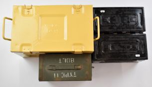 Four metal military style ammunition boxes comprising two stamped US, one marked Type II Bolt and