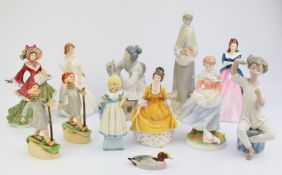 Collection of Royal Doulton, Royal Worcester, Lladro and Beswick figures including Japanese flower