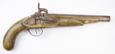 Continental percussion hammer action pistol with engraved miquelet lock and hammer, brass butt plate