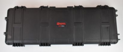 Nuprol shotgun or rifle flight carry case with two handles and wheels to one end, 110x39x15cm.