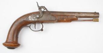 Percussion hammer action pistol with engraved hammer, brass tipped metal ram-rod and 7.5 inch smooth