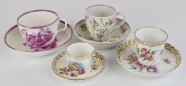 19thC teaware including cup and saucer with enamelled flower decoration, probably Worcester,