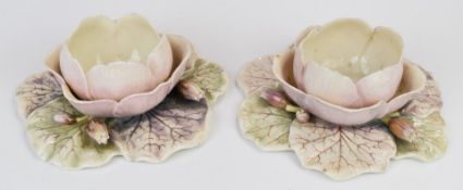 Pair of Belleek water lily centrepiece bowls, designed in 1869, height 8cm, diameter 21.5cm Examples