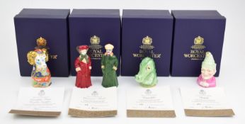 Five limited edition Royal Worcester candle snuffers comprising male and female motorist, Heraldic