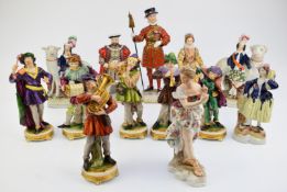 Collection of porcelain figures including Dresden Beefeater, Staffordshire, Continental musicians