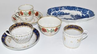 First period Worcester cups and saucers, Swansea shaped shaped dish etc, largest 23cm