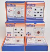 Eighteen boxes of 100 Milbro 14cm paper air rifle targets All Rounder and 25ft Airgun Multi, all
