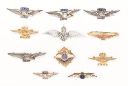 Ten Royal Navy Air Service sweetheart brooches including three silver and enamel and a 9ct gold
