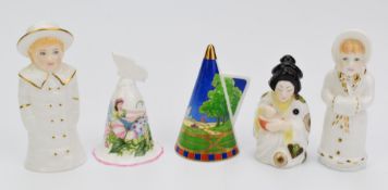 Five Royal Worcester candle snuffers including Girl with Muff, Boy with Boater and Enchantment,