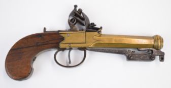 Flintlock hammer action pistol with sprung bayonet, wooden grip, line engraved brass frame, thumb