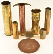 Seven pieces of trench art including a shell case dated 1915 and matchbox holder inscribed A J