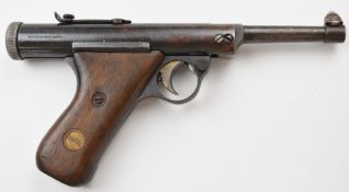 Haenel Model 28 .177 air pistol with inset maker's plaque to the wooden grips, top plate stamped '