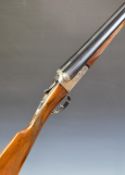 Spanish Perfection 12 gauge side by side ejector shotgun with engraved locks, underside, trigger