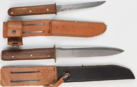 Two hunting / skinning knives, both with leather sheaths and wooden handles, longest blade 19cm
