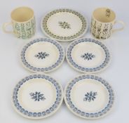 Two Eric Ravilious for Wedgwood alphabet mugs and five side plates