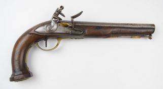French flintlock pistol with indistinctly marked lock, brass trigger guard, butt plate and mounts,