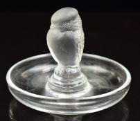 Lalique frosted and clear glass pin dish or ring holder decorated with an owl, signed 'Lalique