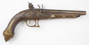 Eastern double barrelled side by side pistol flintlock pistol with brass trigger guard and butt