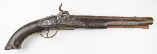 Percussion hammer action holster pistol with brass trigger guard and mounts, wooden ram-rod and 11