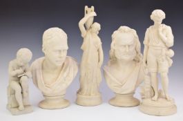 Collection of 19thC and later Parian ware including two classical busts, water carrier etc,