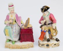 Meissen 19thC figure of a man and performing dog jumping through a hoop, together with another