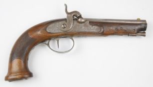 Percussion hammer action coat pistol with engraved lock, mounts, trigger guard and hammer, steel