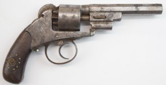 Unnamed 54 bore five shot self-cocking percussion revolver with chequered wooden grips, engraved