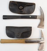 Two ARP axes, one by Chillington the other by G Whitehouse & Sons, both with leather covers PLEASE