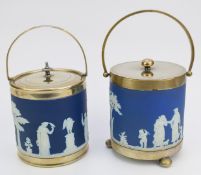 Two 19th/20thC Jasperware biscuit barrels decorated with classical scenes, with plated mounts,