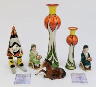 Signed Lorna Bailey skiing sugar sifter, two limited edition 32 and 38/75 Daffodil vases, two