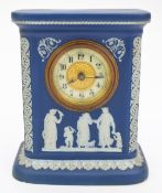 Late 19th/20thC Wedgwood Jasperware mantel clock decorated with classical scenes, height 15.5cm