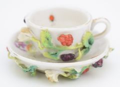 19thC Volkstedt / Plaue flower encrusted miniature cup and saucer, H3cm