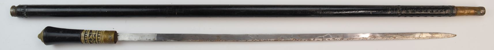 Anglo-Indian 19thC sword stick with carved bone collar, brass lion pommel and a 57cm blade marked '