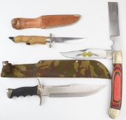 Three hunting knives comprising Andujar with 21cm part serrated blade and camouflaged sheath,