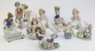 Ten Lladro / Nao figures including Ten and Growing, Wild Flowers etc, all boxed, tallest 18cm