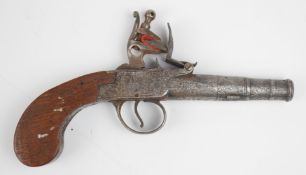 Queen Anne flintlock pocket pistol with engraved lock, wooden grip and 3 inch smooth bored cannon