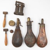 Seven gun and shooting related items items comprising a G & JW Hawksley powder flask with embossed