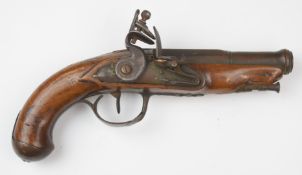 Unnamed flintlock coat pistol with silver wire inlaid grip, metal ram-rod and mounts and 4.25 inch