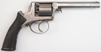 Adams 120 bore five-shot self-cocking revolver with chequered wooden grips, engraved frame marked '