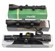 Three rifle scopes comprising Simmons Deerfield 3-9x50, Nikko Stirling Mountmaster 4-12x50 AO and