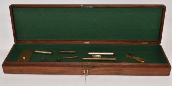 Wooden shotgun or rifle case with brass inset handle, together with five oil bottles, two pairs of