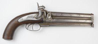 Unnamed 28 bore percussion hammer action double barrelled over and under howdah pistol with engraved