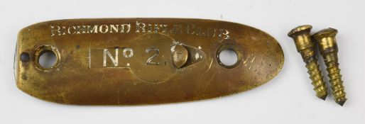 Brass butt plate with storage compartment and original screws engraved 'Richmond Rifle Club No 2'
