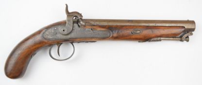 Indistinctly named percussion hammer action pistol with engraved lock, trigger guard and mounts,