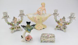 Sitzendorf pair of figural candelabra, German centrepiece, Karl Ens bird etc